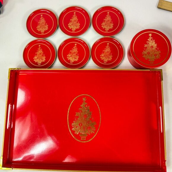 Otagiri Lacquered Red Gold Christmas Tree Tray With 6 Coasters Storage Box - Picture 4 of 6